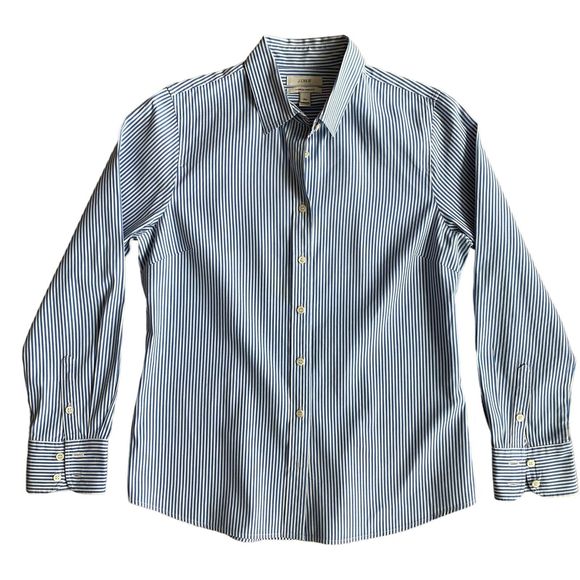 J Crew Stretch Perfect Womens Shirt Sz PM Striped Blue Long Sleeve Button Up - Picture 1 of 6